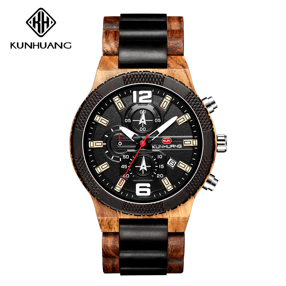 Kunhuang new sports watch fashion quartz men's wooden watch wood watches large dial watch custom