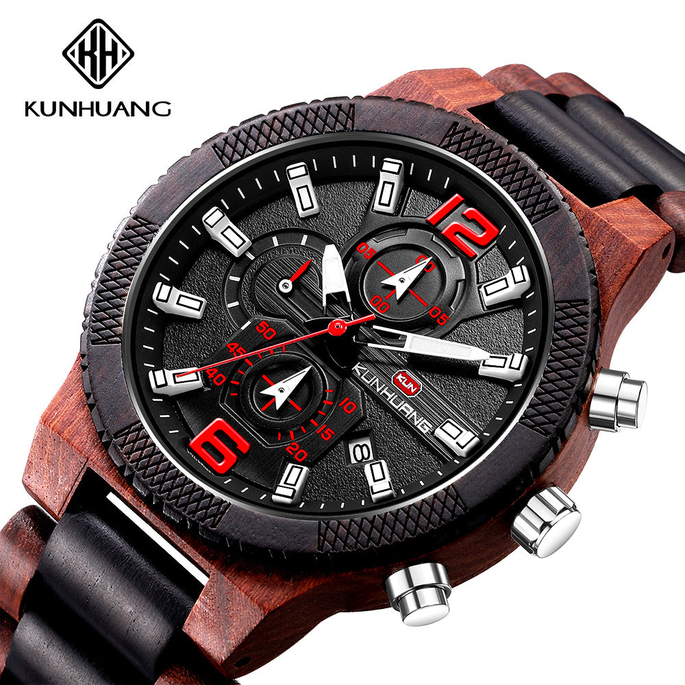 Kunhuang new sports watch fashion quartz men's wooden watch wood watches large dial watch custom