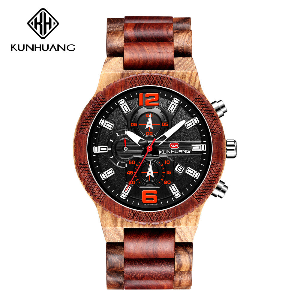 Kunhuang new sports watch fashion quartz men's wooden watch wood watches large dial watch custom