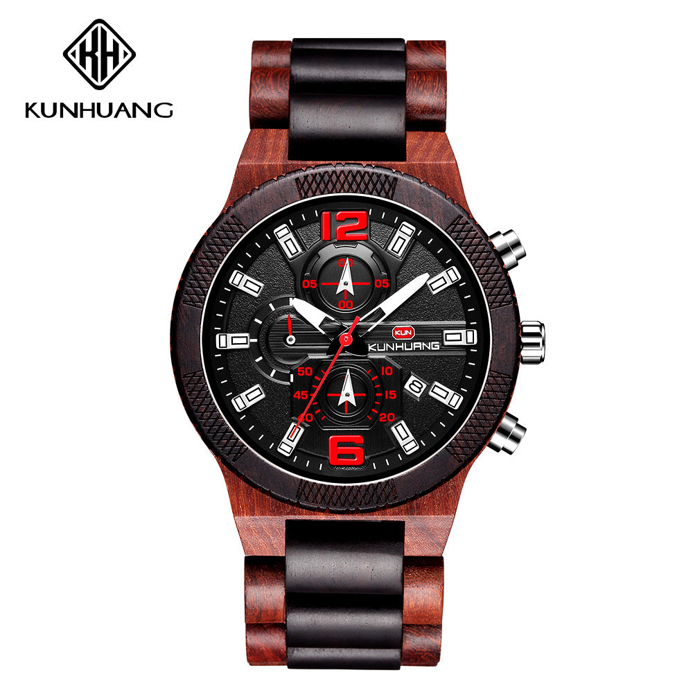 Kunhuang new sports watch fashion quartz men's wooden watch wood watches large dial watch custom