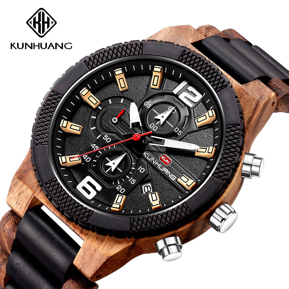 Kunhuang new sports watch fashion quartz men's wooden watch wood watches large dial watch custom