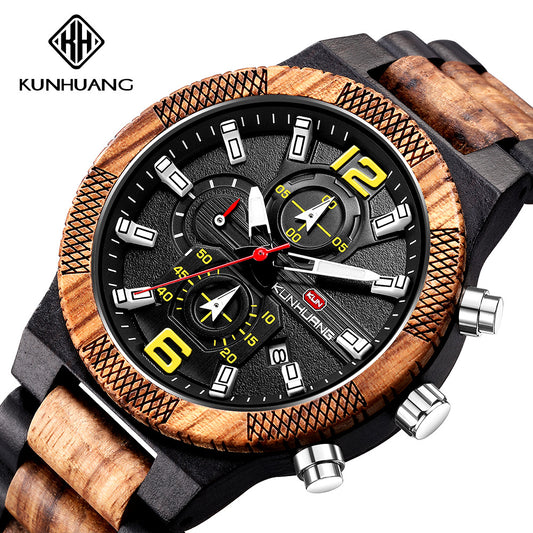 Kunhuang new sports watch fashion quartz men's wooden watch wood watches large dial watch custom