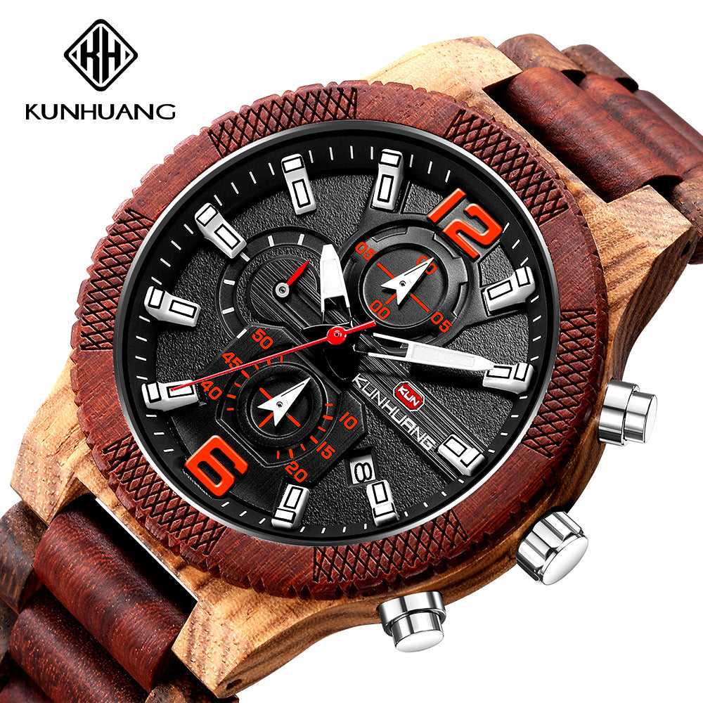 Kunhuang new sports watch fashion quartz men's wooden watch wood watches large dial watch custom