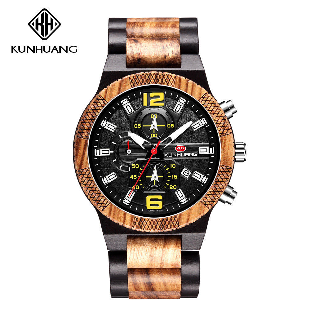 Kunhuang new sports watch fashion quartz men's wooden watch wood watches large dial watch custom