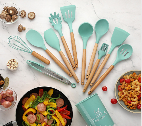 Hot-selling silicone kitchenware 11-piece non-stick cookware with tube set high-grade wooden handle kitchen baking tools multi-color