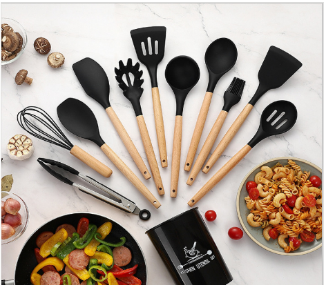 Hot-selling silicone kitchenware 11-piece non-stick cookware with tube set high-grade wooden handle kitchen baking tools multi-color