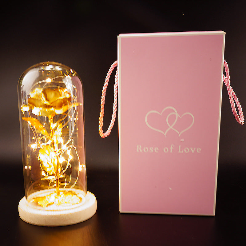 24k gold leaf rose flower little prince rose glass cover with LED light Christmas gift factory direct sales