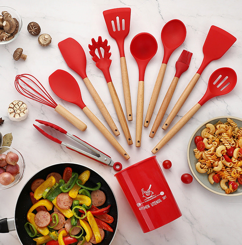 Hot-selling silicone kitchenware 11-piece non-stick cookware with tube set high-grade wooden handle kitchen baking tools multi-color