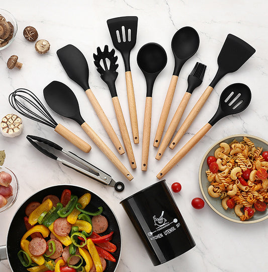 Hot-selling silicone kitchenware 11-piece non-stick cookware with tube set high-grade wooden handle kitchen baking tools multi-color