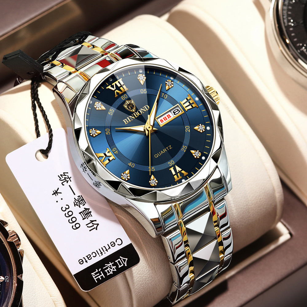 BINBOND Genuine Men's Watch Waterproof Luminous Double Calendar Watch Men's Quartz Watch Rhombus Spire Glass