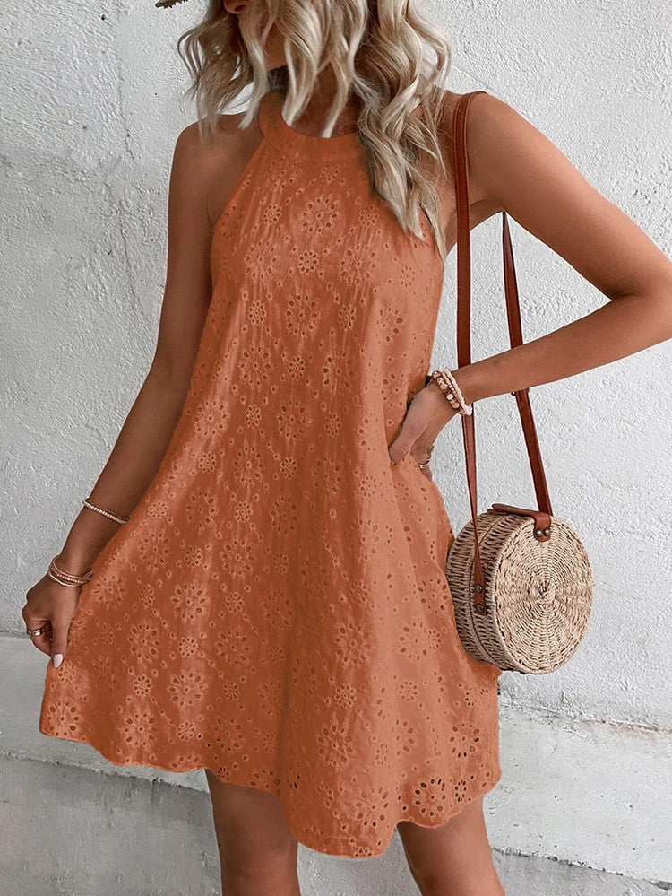 Europe and America Cross Border Foreign Trade Summer New Women's Lace Solid Color Sleeveless Button Halter Amazon Dress