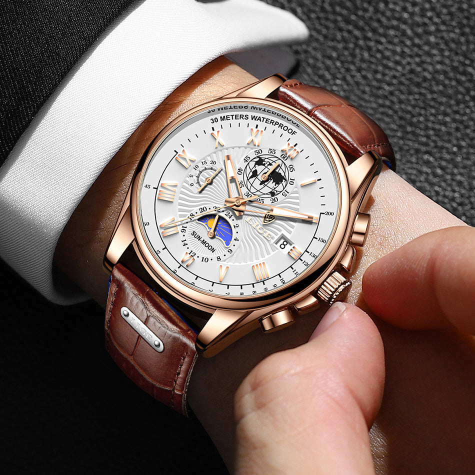 Foreign trade explosion watch men's waterproof luminous multi-function chronograph watch belt moon phase quartz watch men's watch