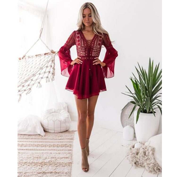 Summer Amazon water-soluble lace crochet hollow v-neck strappy flared long-sleeved chiffon dress in stock
